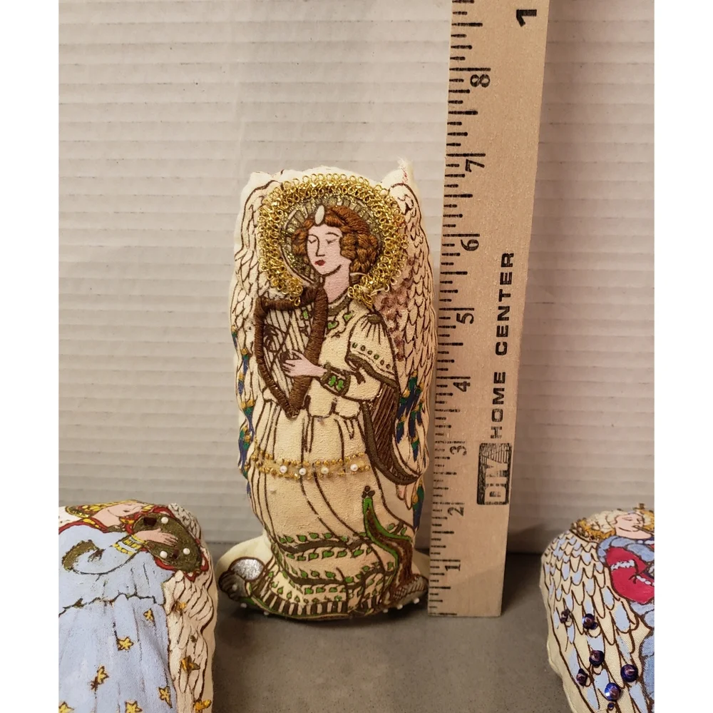 Vintage Lot Set Of 10 Cut And Sew Handpainted Embellished Soft Sculpture Angels - Picture 15 of 16